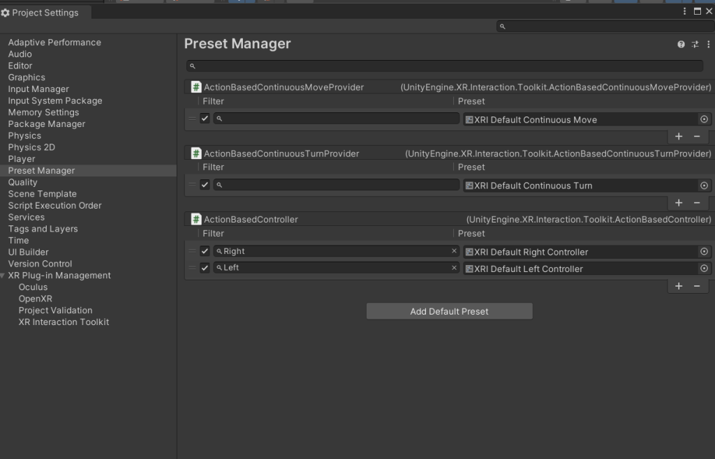 preset manager in unity